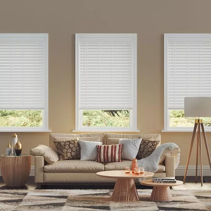 2.5 Inch Cordless Faux Wood Blind, 59" W x 72" L - White Plantation Style Venetian Blinds, Over 400 Custom Sizes Starting at 29.97, Room Darkening Shades for Interior Windows by Lumino