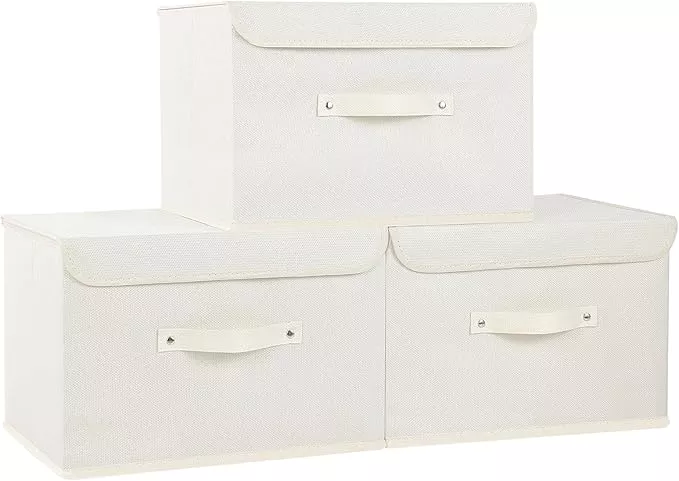 Fabric Storage Bins Cube Organizers with Flip-Top Lid and Handles,Storage Boxes for Organizing Home,Office,and Closet,Beige,3 Pack 10.2 X 7.9 X 6.7 in