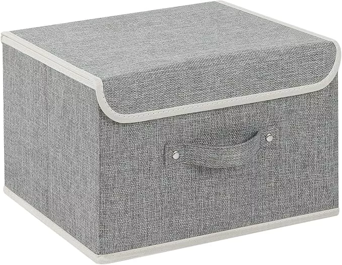 Storage Boxes, Collapsible Storage Bins with Lids, Cotton and linen cloth Storage Baskets with Handle, for Books, Closet, Bedroom, Home, 13x9.1x7.9 in, Grey and Beige